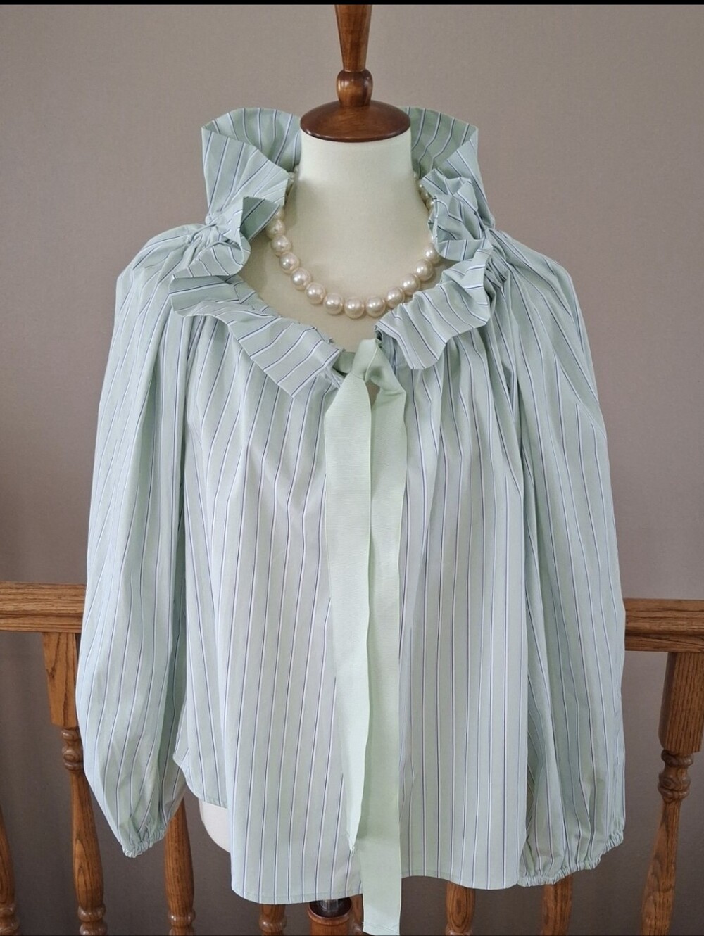 Mint Green Stripe Tie-Neck Ruffle Blouse